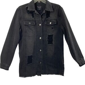 Womens Black Denim Jacket Size Small Distress Grunge Frayed Hem Button Up Edgy